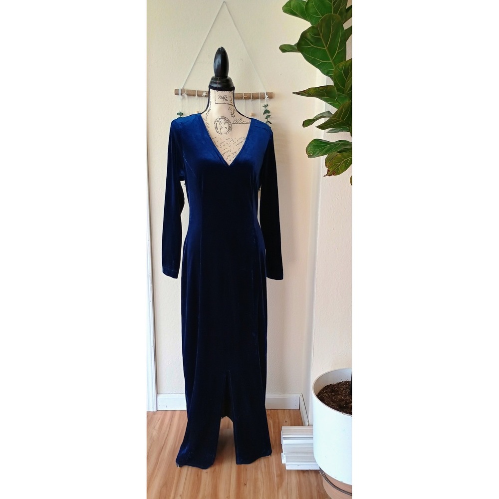 Jessica Howard Vintage Navy Blue Velvet Maxi Dress V-Neck Long Sleeve Size 14